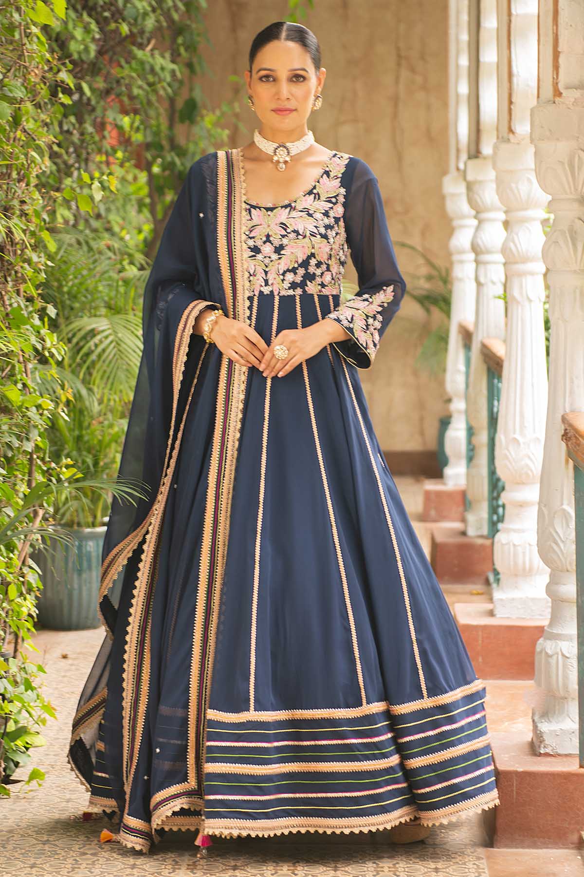 Buy Navy Blue Georgette Anarkali Set Online